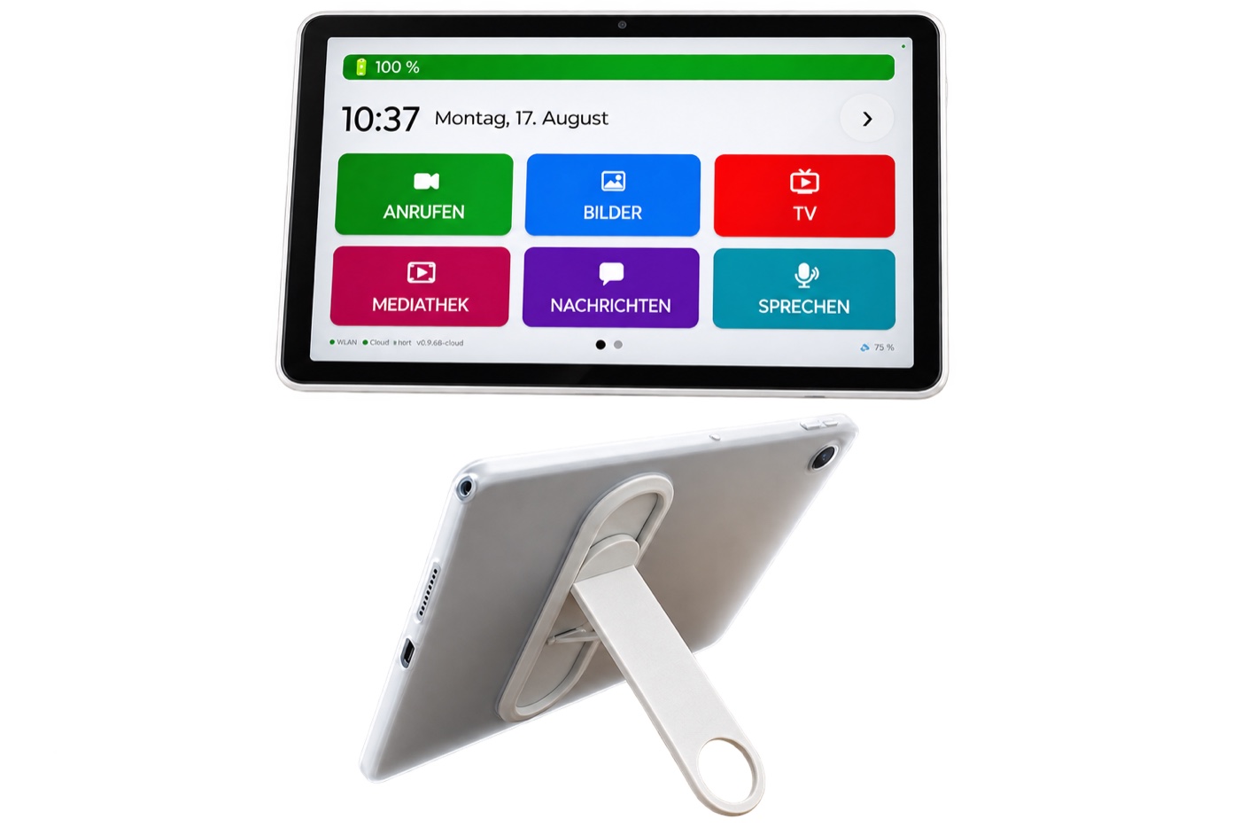 Lenovo Tab mit Ständer-Hülle, beisammen!-Startbildschirm — Vorder- und Rückseite
