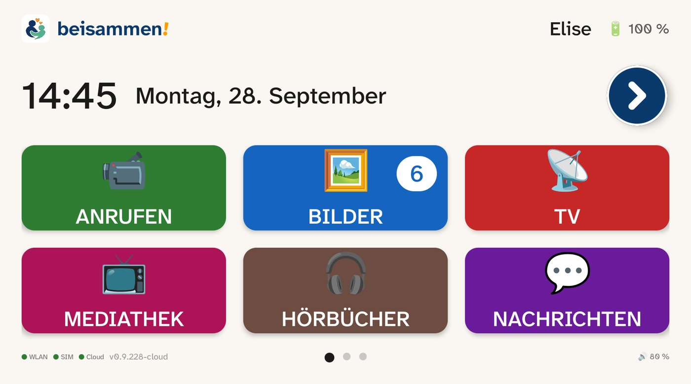Die Startseite des beisammen-Tablets mit großen Kacheln